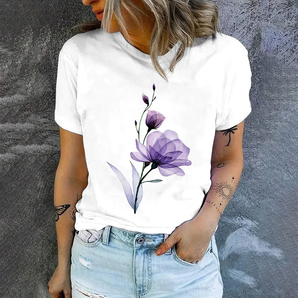 2024 Summer New Fashion Trend Short Sleeve High Quality Flower Print T-shirt For Women Casual Simple Breathable O-Neck T-shirt