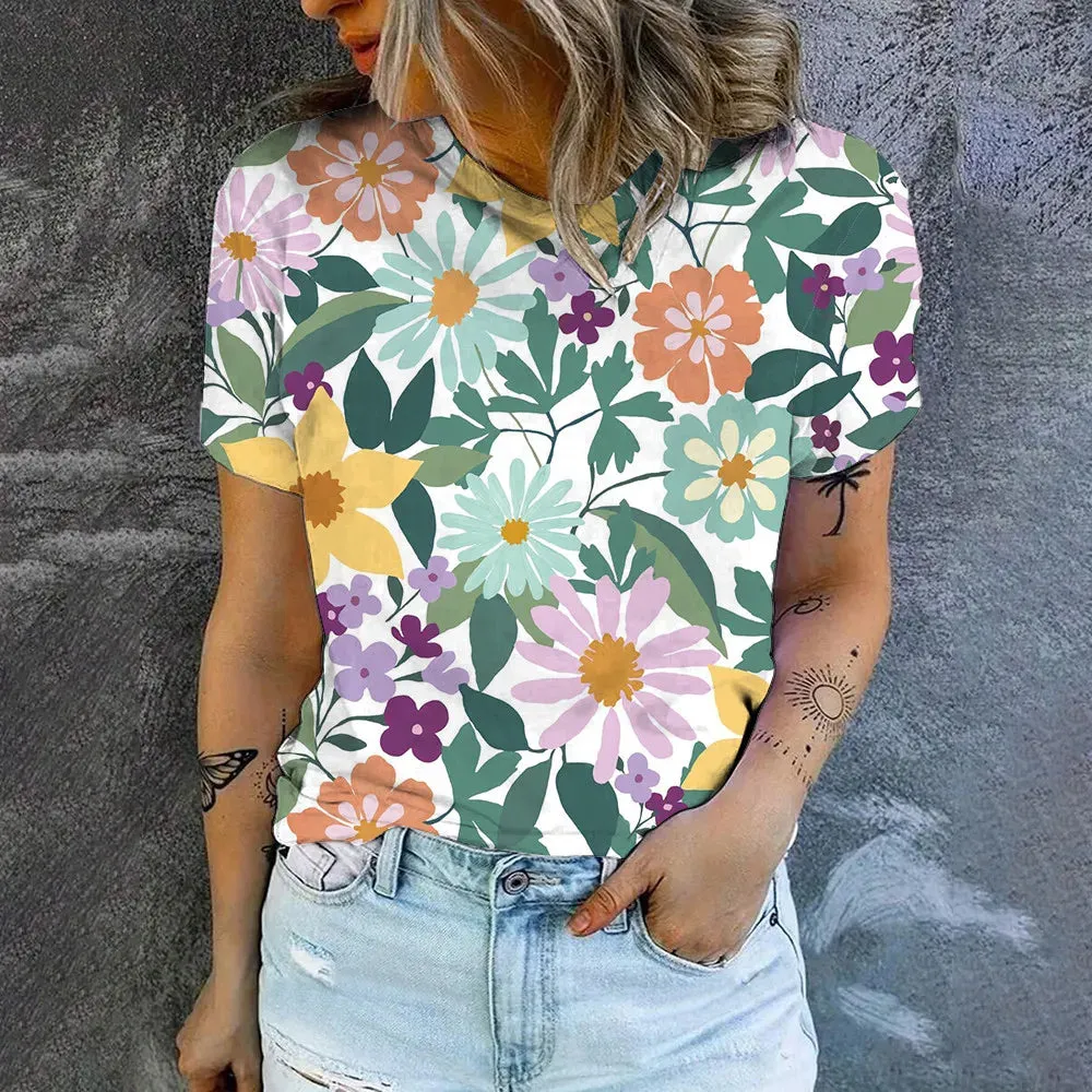 2024 Summer New Fashion Trend Short Sleeve High Quality Flower Print T-shirt For Women Casual Simple Breathable O-Neck T-shirt