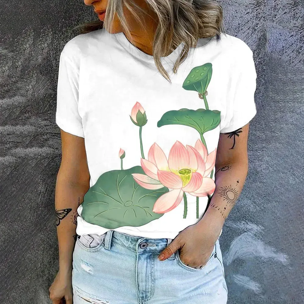 2024 Summer New Fashion Trend Short Sleeve High Quality Flower Print T-shirt For Women Casual Simple Breathable O-Neck T-shirt