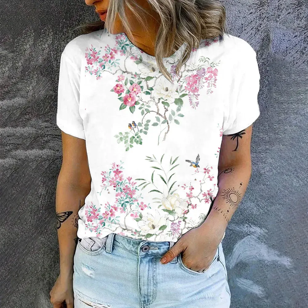 2024 Summer New Fashion Trend Short Sleeve High Quality Flower Print T-shirt For Women Casual Simple Breathable O-Neck T-shirt