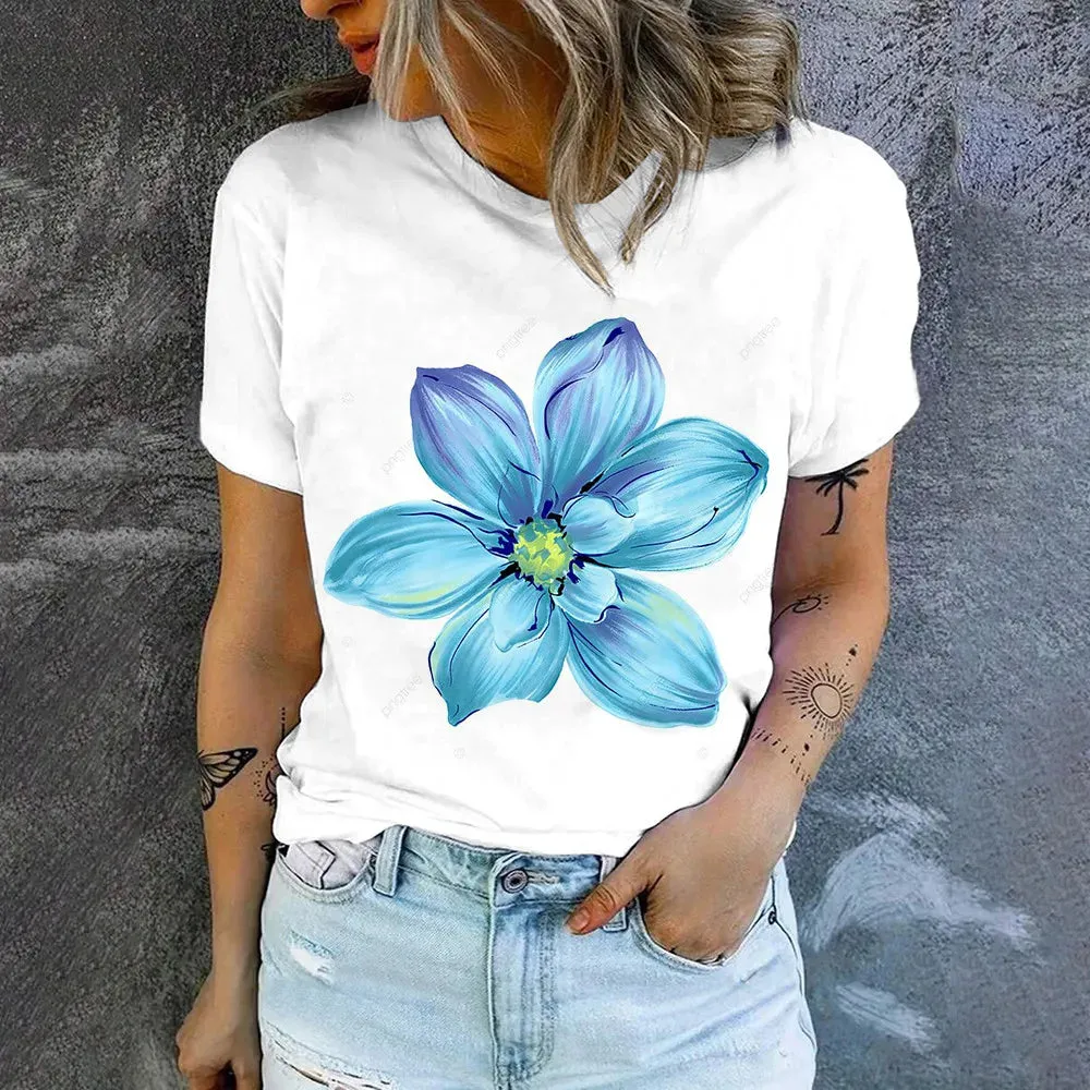 2024 Summer New Fashion Trend Short Sleeve High Quality Flower Print T-shirt For Women Casual Simple Breathable O-Neck T-shirt