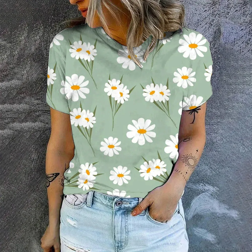 2024 Summer New Fashion Trend Short Sleeve High Quality Flower Print T-shirt For Women Casual Simple Breathable O-Neck T-shirt