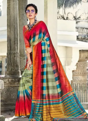 Admiring Multi Color Silk Base Printed Saree With Matching Blouse