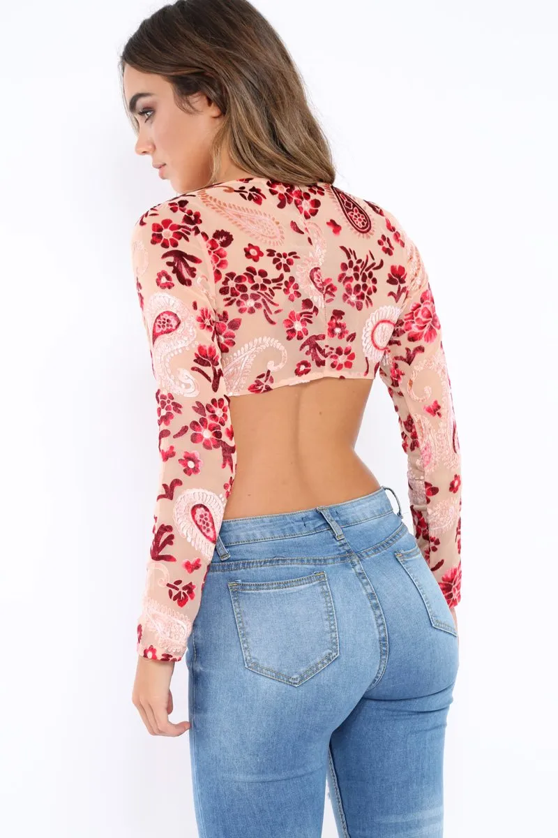 Apricot Sheer and Velvet Floral Print Tie Crop Top - Heidey