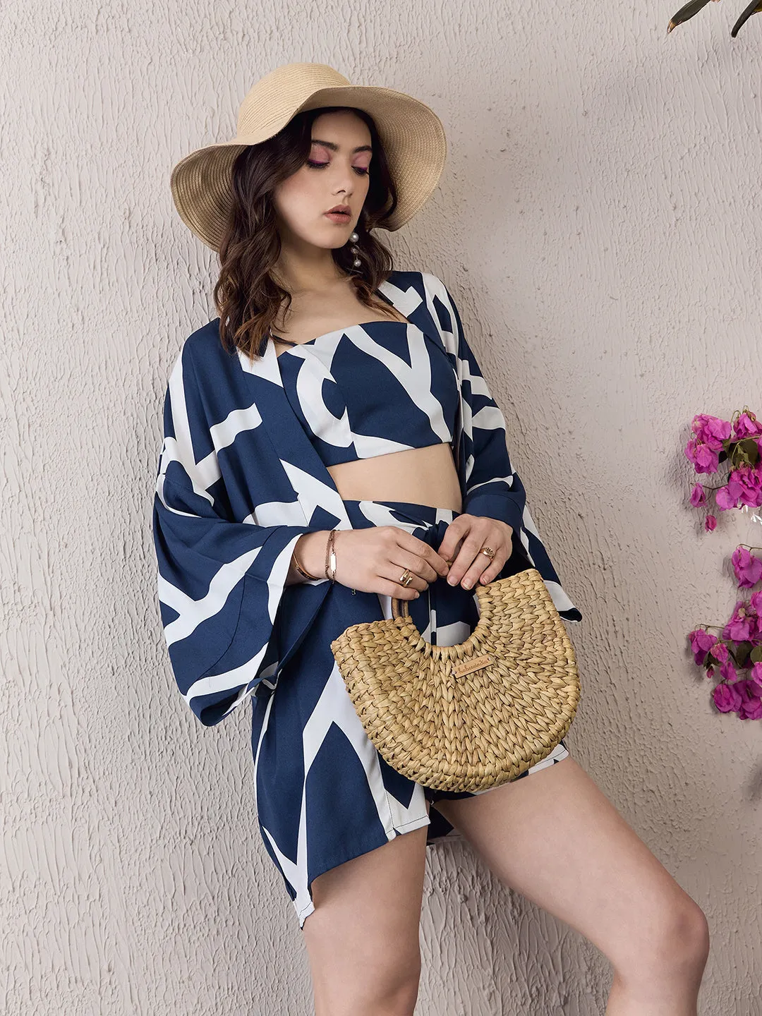 Berrylush Women Navy Blue & White Geometrical Printed Square Neck Crop Top & Tie-Up Front Shorts With Shrug