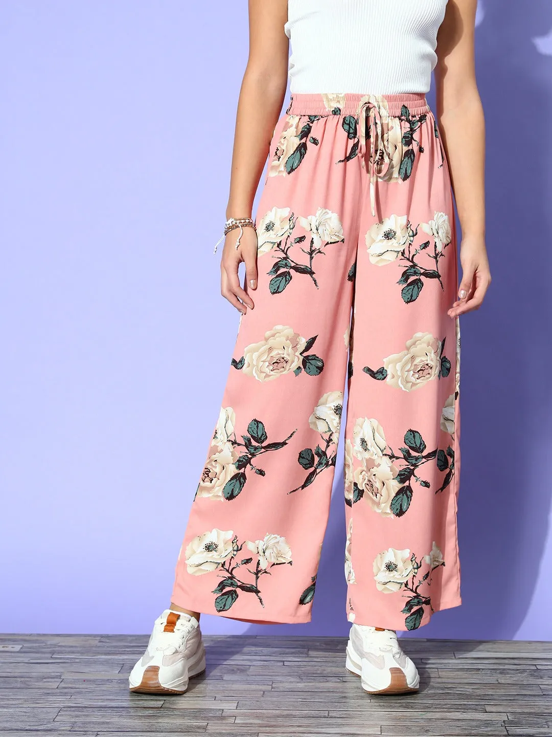 Berrylush Women Pink & White Floral Printed High-Rise Waist Wide-Leg Regular Trousers