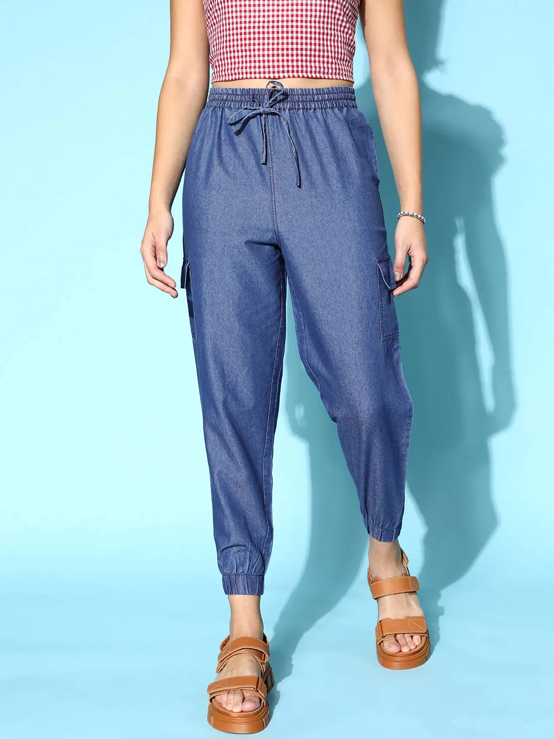 Berrylush Women Solid Navy Blue Tie-Up High-Rise Waist Chambray Regular Utility Trousers