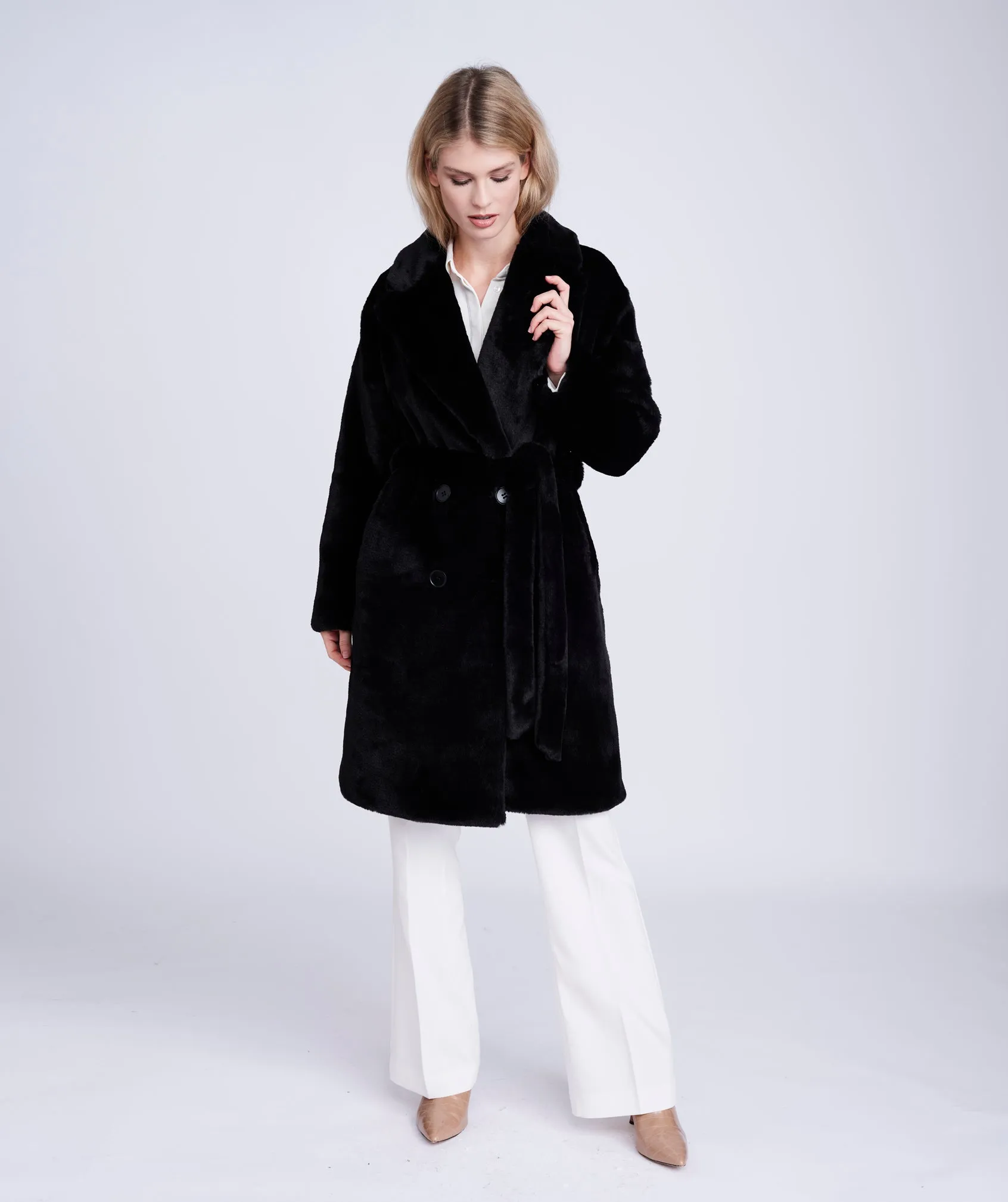 Black Faux Fur Coat with Button Closure and Waist Belt