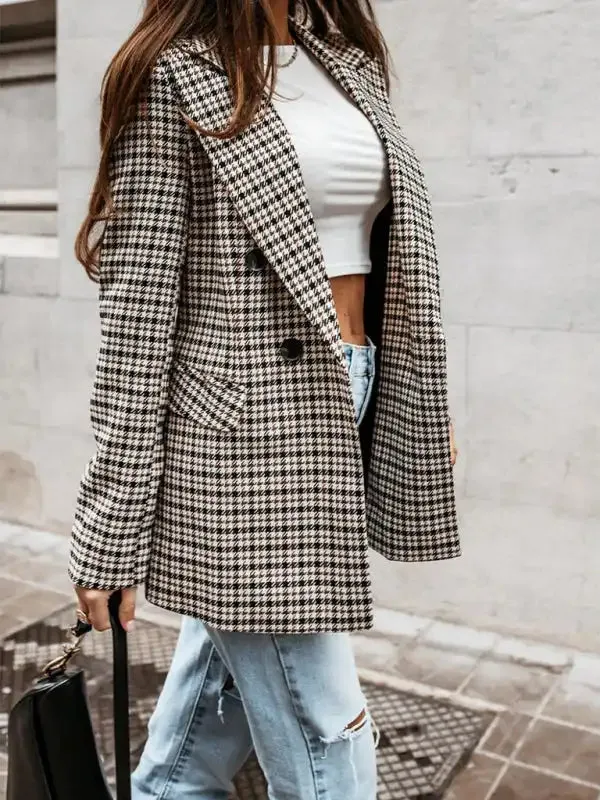 Coat button plaid printed small suit women’s mid-length coat