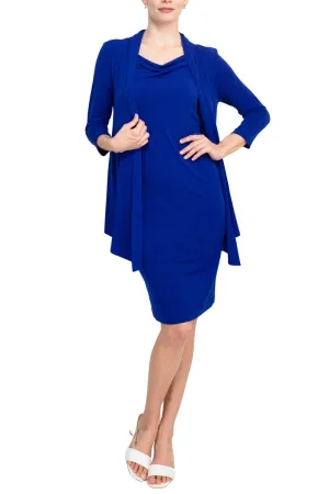 Connected Apparel cowl neck  long sleeve solid faux two piece matte jersey jacket dress