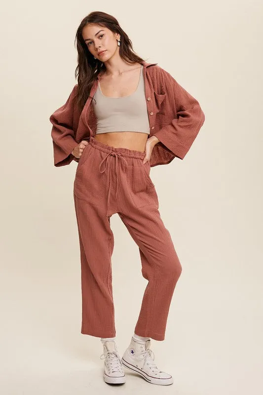 Cotton Gauze Button Down Shirt and Paperbag Pants Set