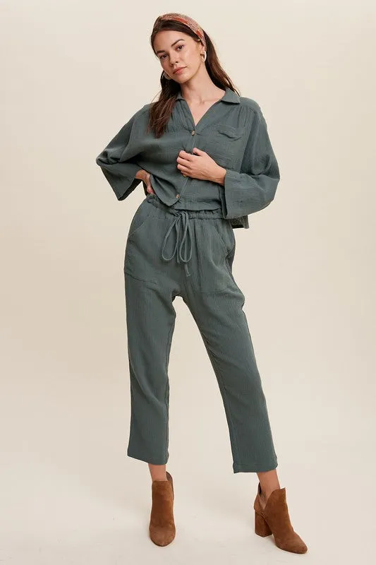 Cotton Gauze Button Down Shirt and Paperbag Pants Set