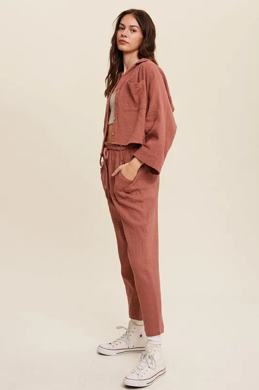 Cotton Gauze Button Down Shirt and Paperbag Pants Set