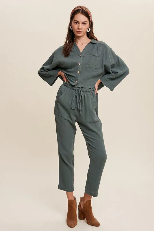 Cotton Gauze Button Down Shirt and Paperbag Pants Set