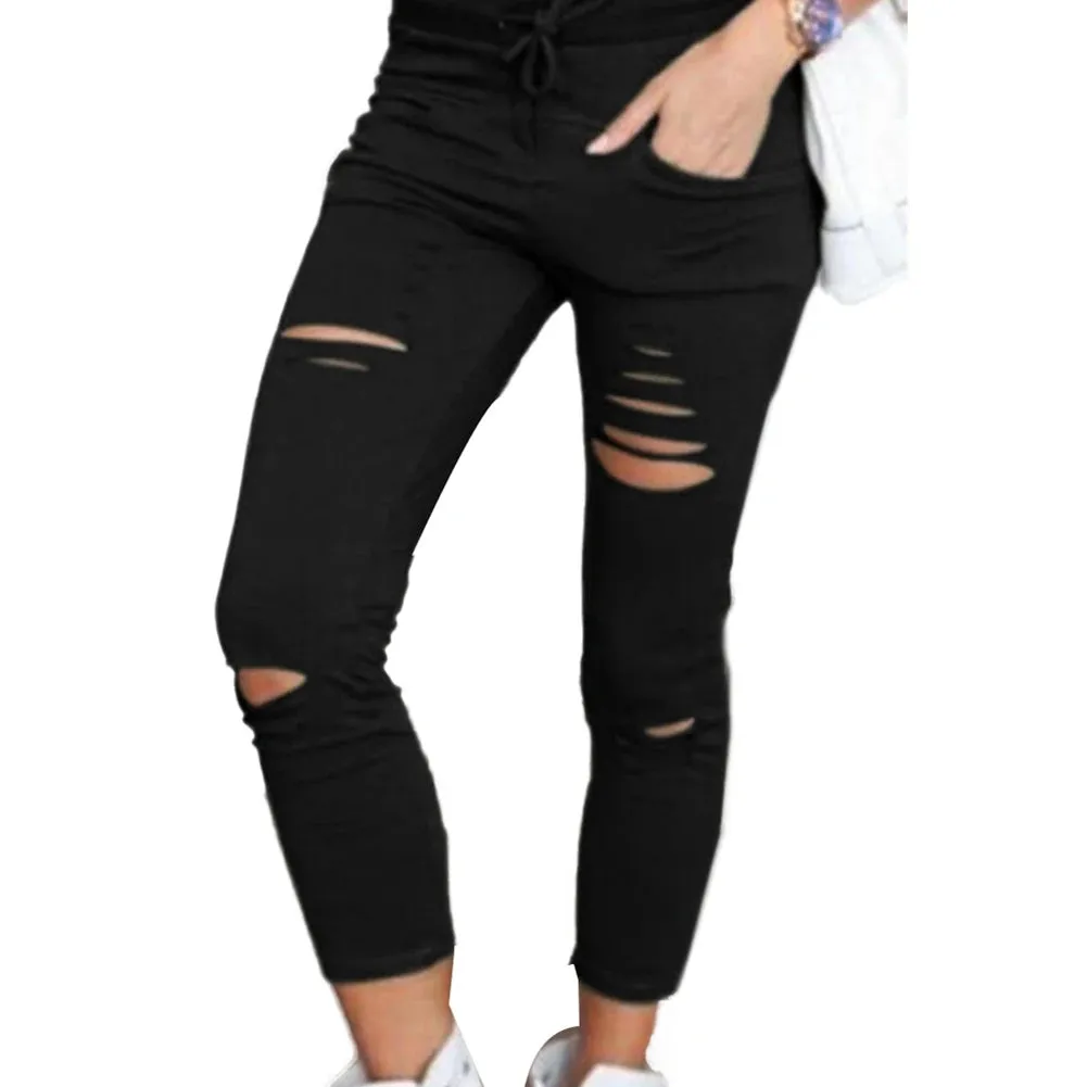 Cotton Spandex  Solid Color Drawstring High Waist Stretchy  Drawstring Pencil Pants Ripped Skinny Leggings woman pants