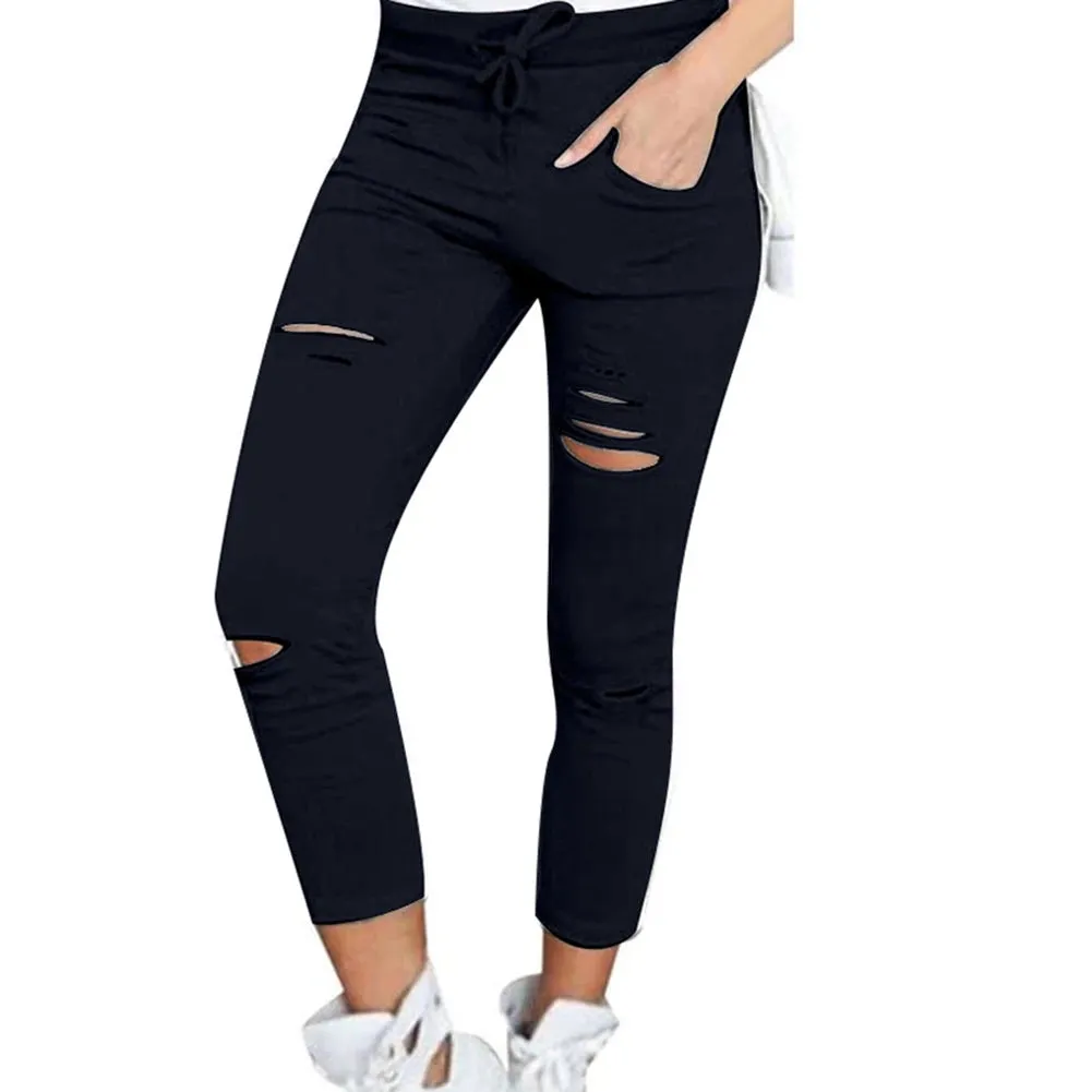 Cotton Spandex  Solid Color Drawstring High Waist Stretchy  Drawstring Pencil Pants Ripped Skinny Leggings woman pants