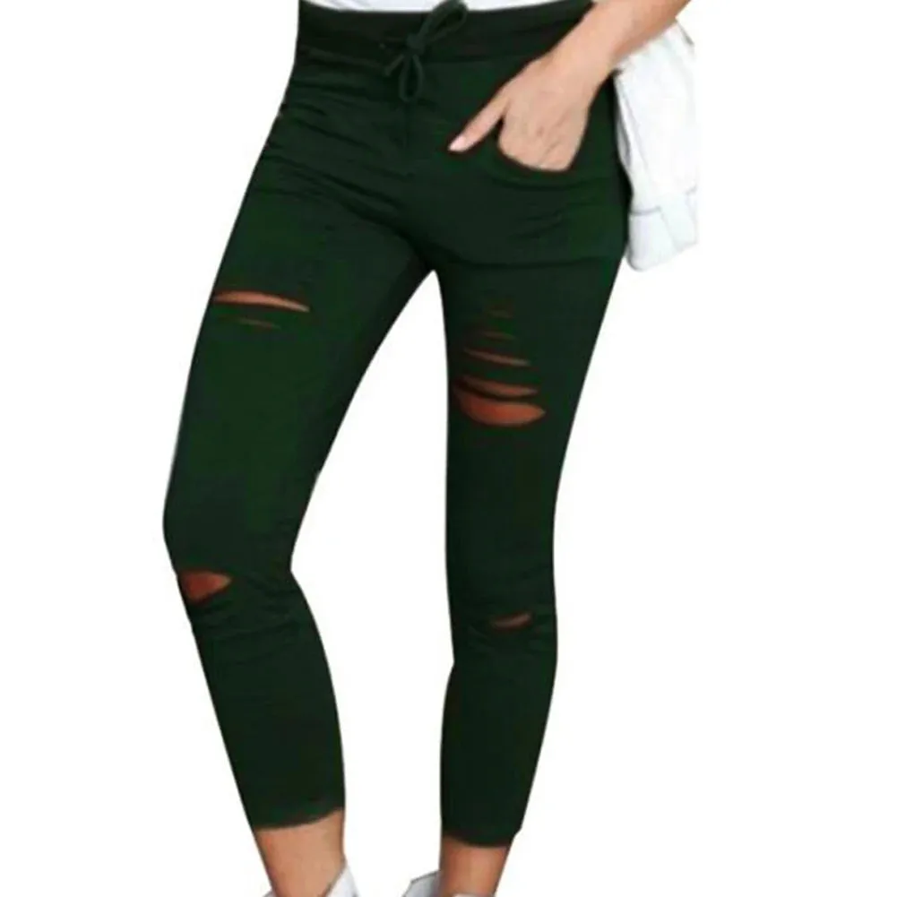 Cotton Spandex  Solid Color Drawstring High Waist Stretchy  Drawstring Pencil Pants Ripped Skinny Leggings woman pants