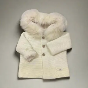 Cream  Knit Coat with Faux Fur