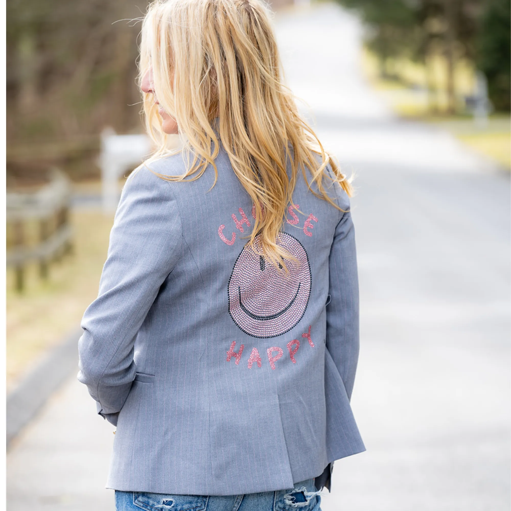 Crystals Smile Happy Blazer - Grey Pinstripe