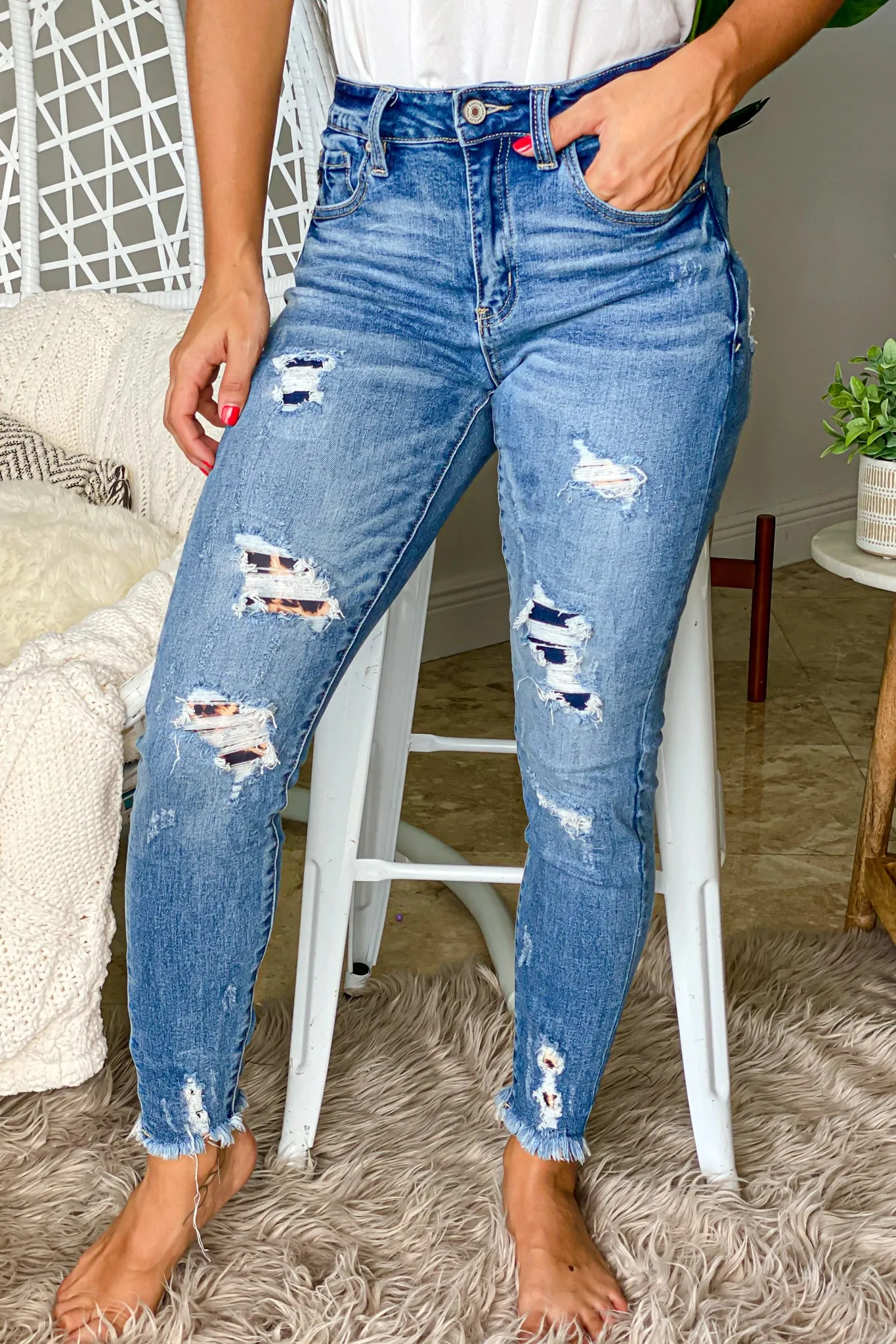 Dark Denim Jeans With Leopard Detail