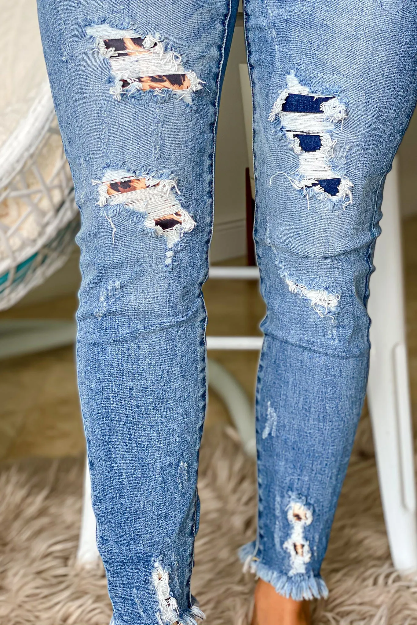 Dark Denim Jeans With Leopard Detail