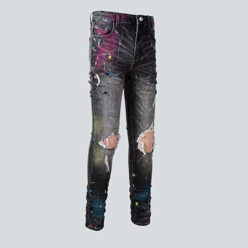 Distressed knees painted men's jeans