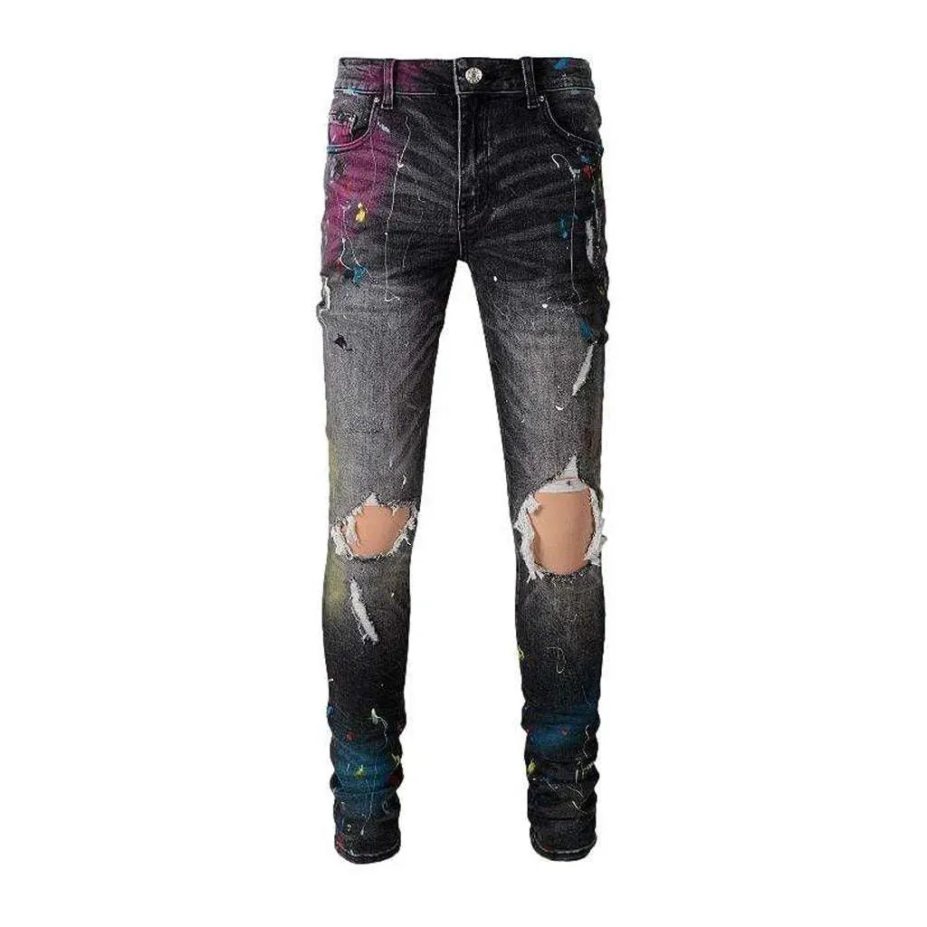 Distressed knees painted men's jeans