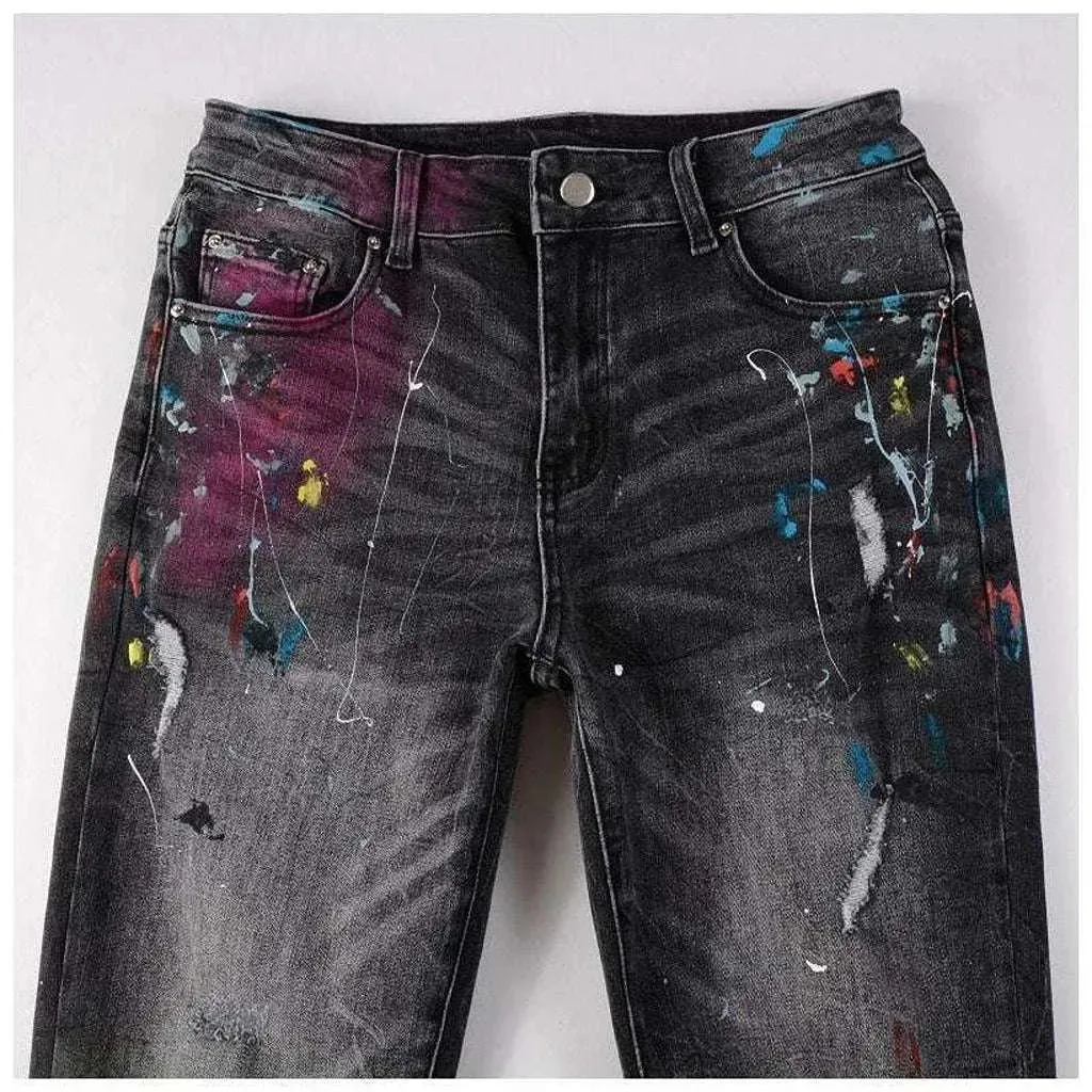 Distressed knees painted men's jeans