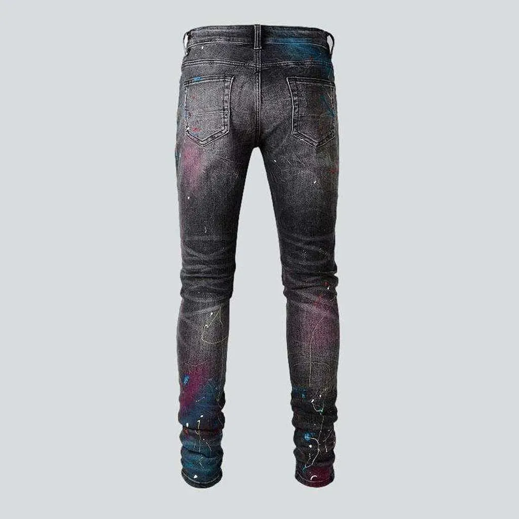 Distressed knees painted men's jeans