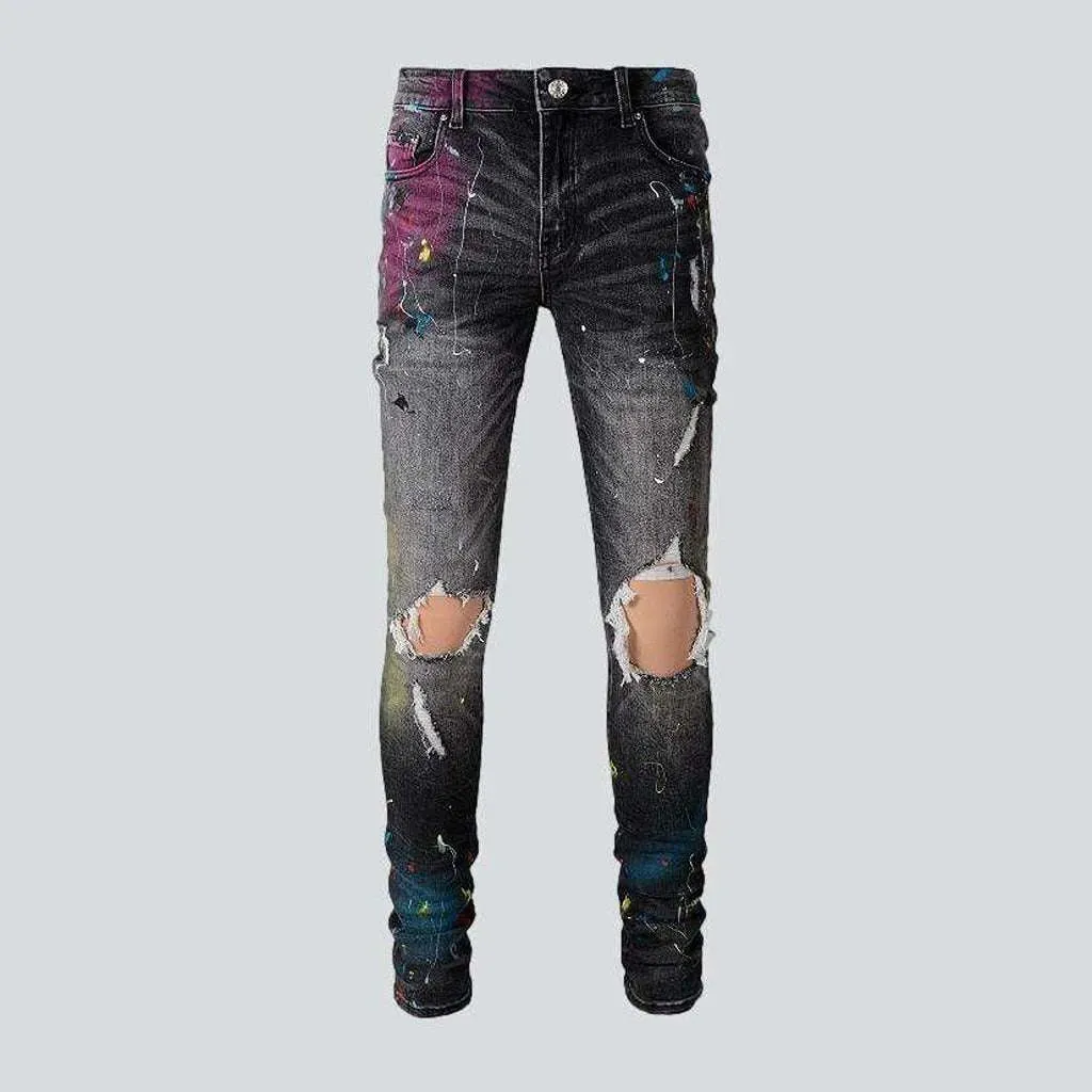 Distressed knees painted men's jeans