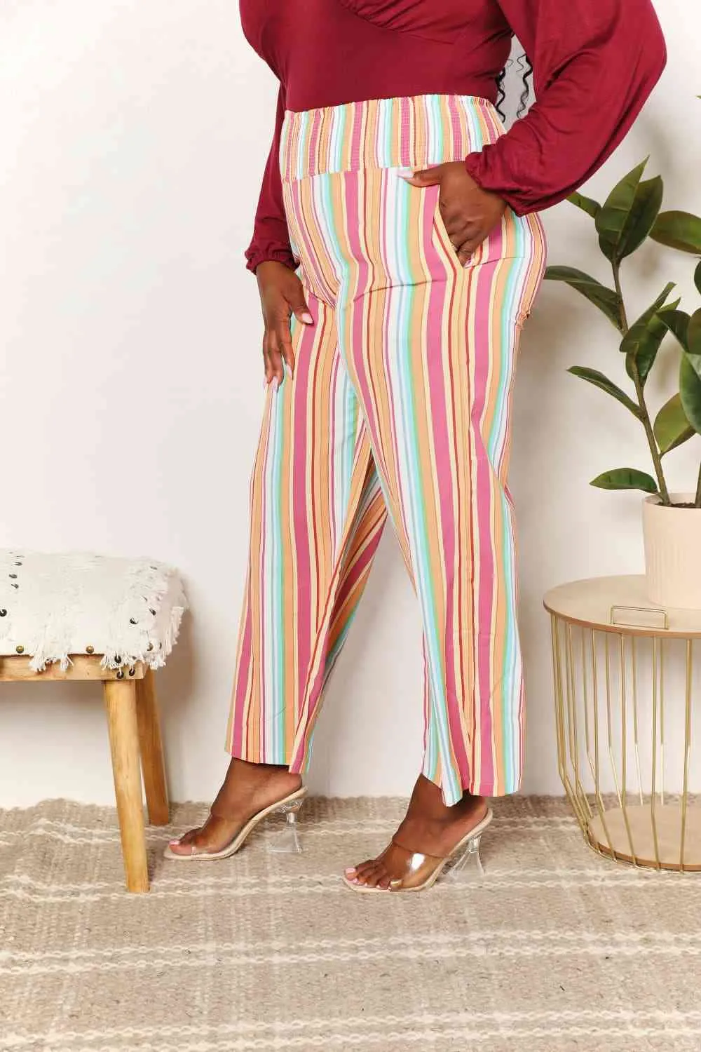 Double Take Striped Smocked Waist Pants with Pockets