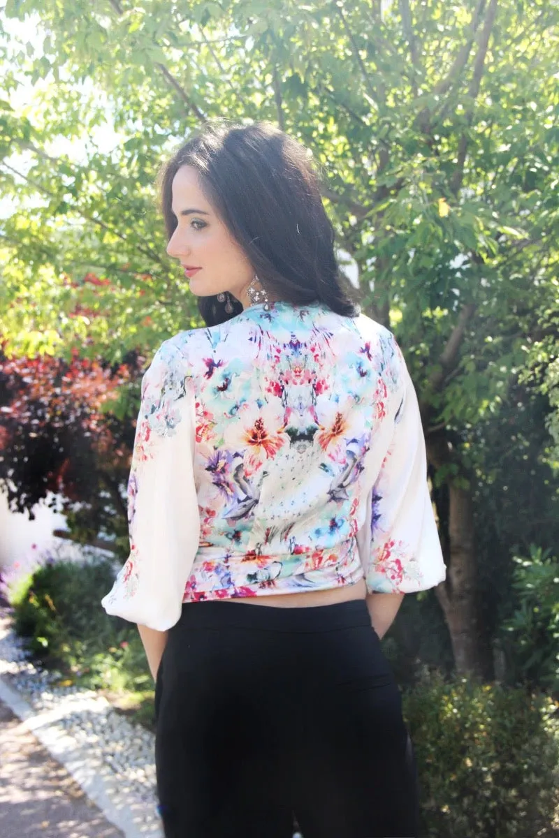 Emma -  White satin floral print wrap blouse with three quarter length sleeves