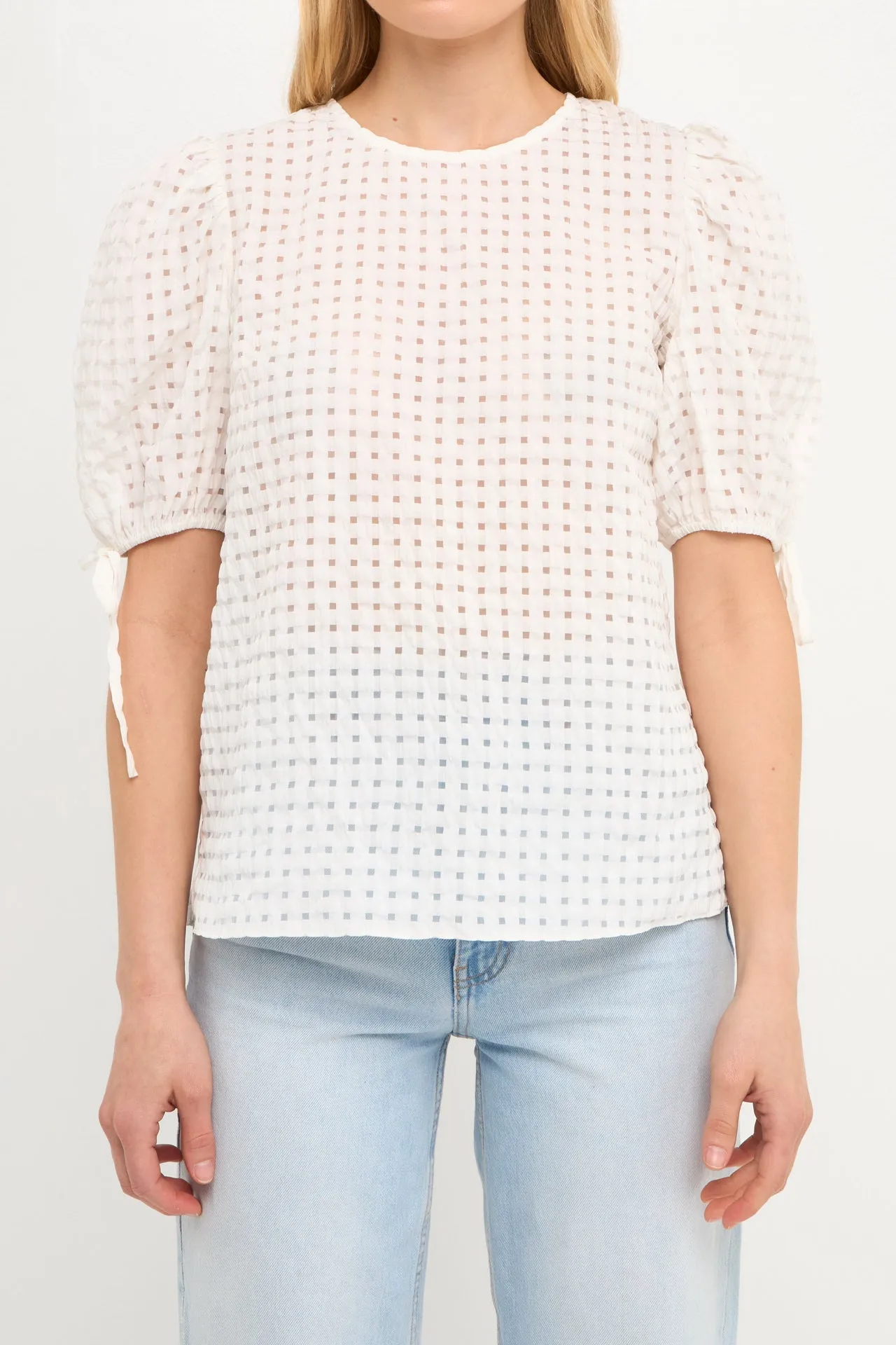 English Factory - Checked Sheer Puff Sleeve Blouse