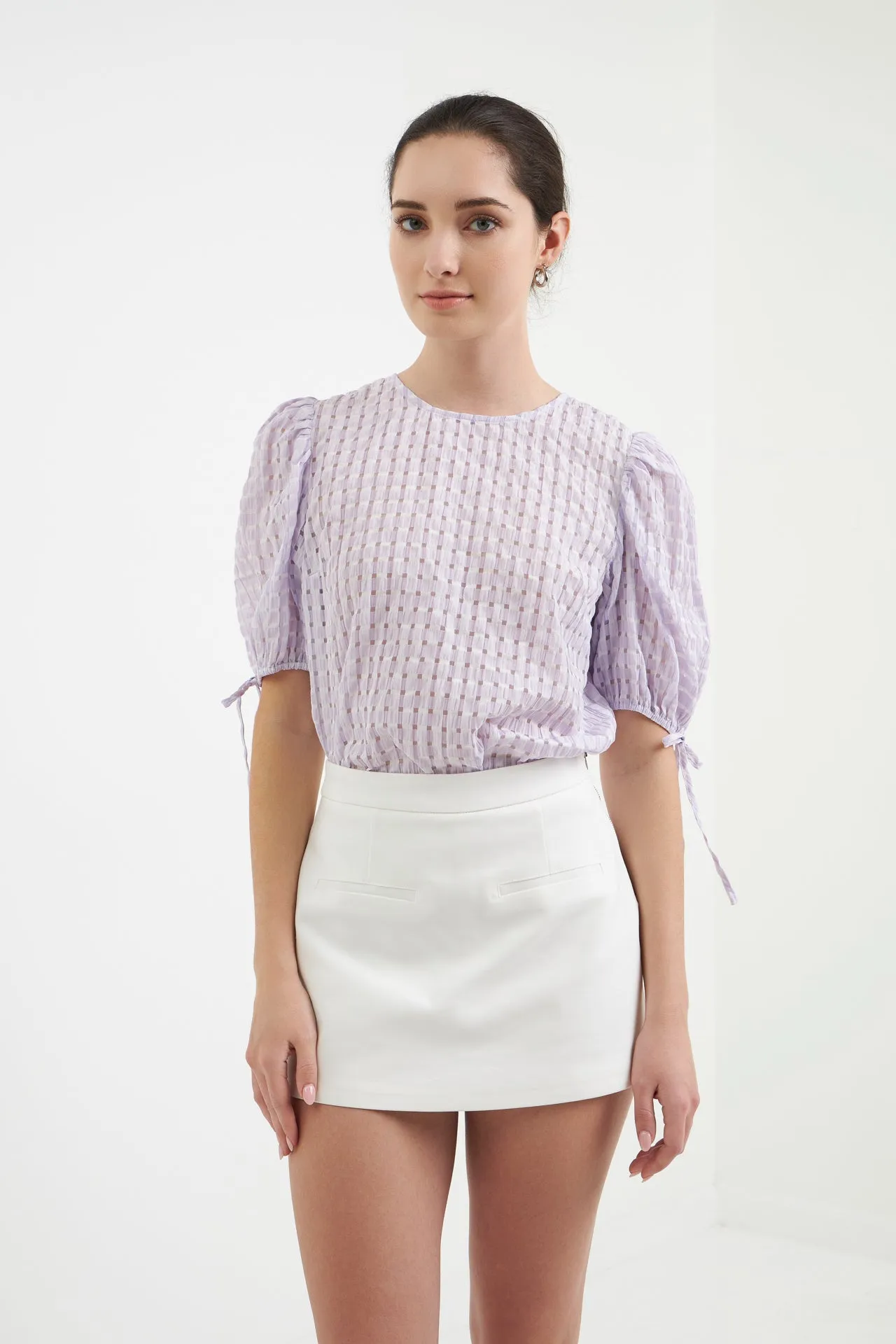 English Factory - Checked Sheer Puff Sleeve Blouse