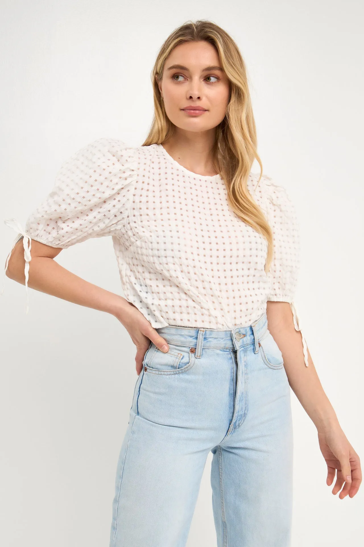 English Factory - Checked Sheer Puff Sleeve Blouse