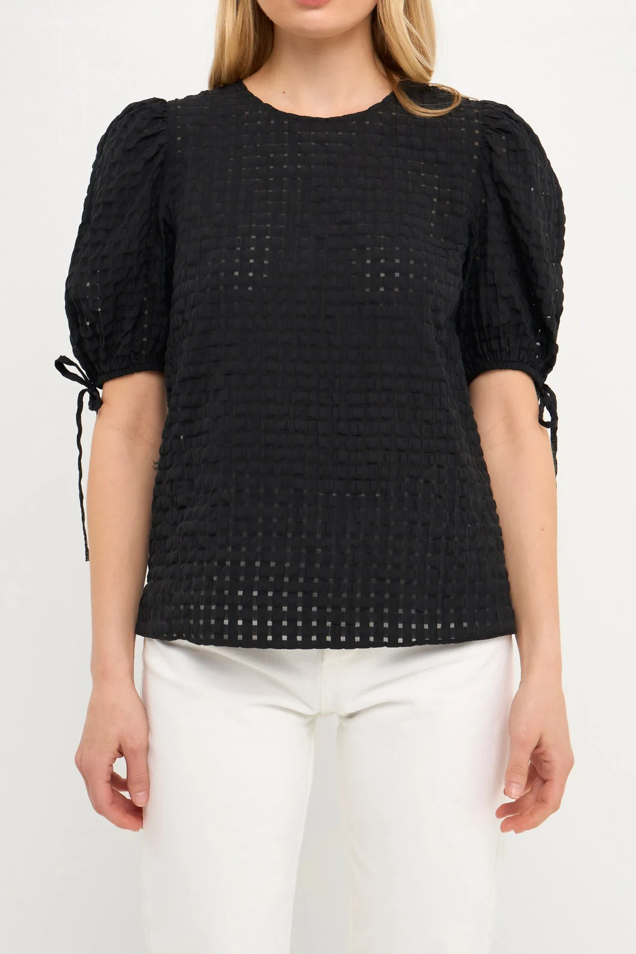 English Factory - Checked Sheer Puff Sleeve Blouse