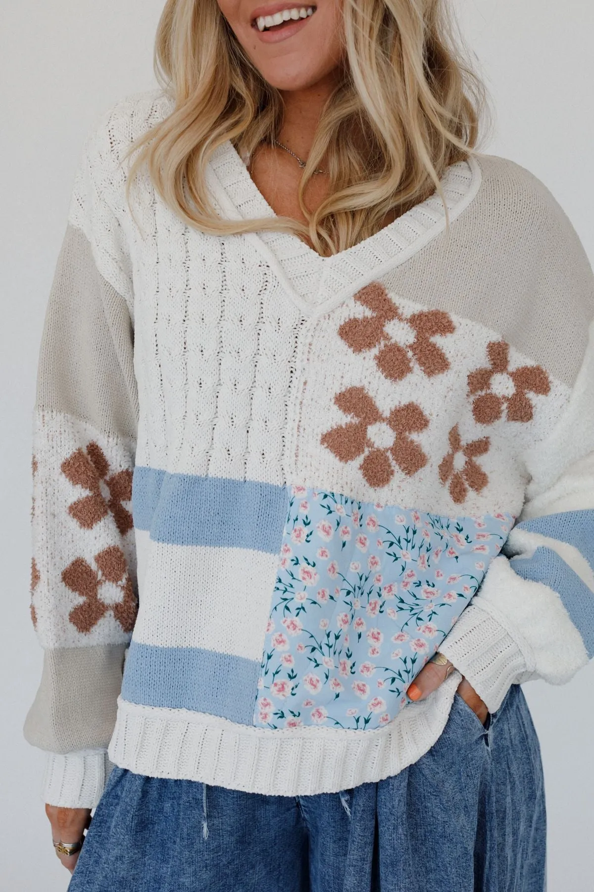 Feeling For Flowers Contrast Sweater - Cream Multi