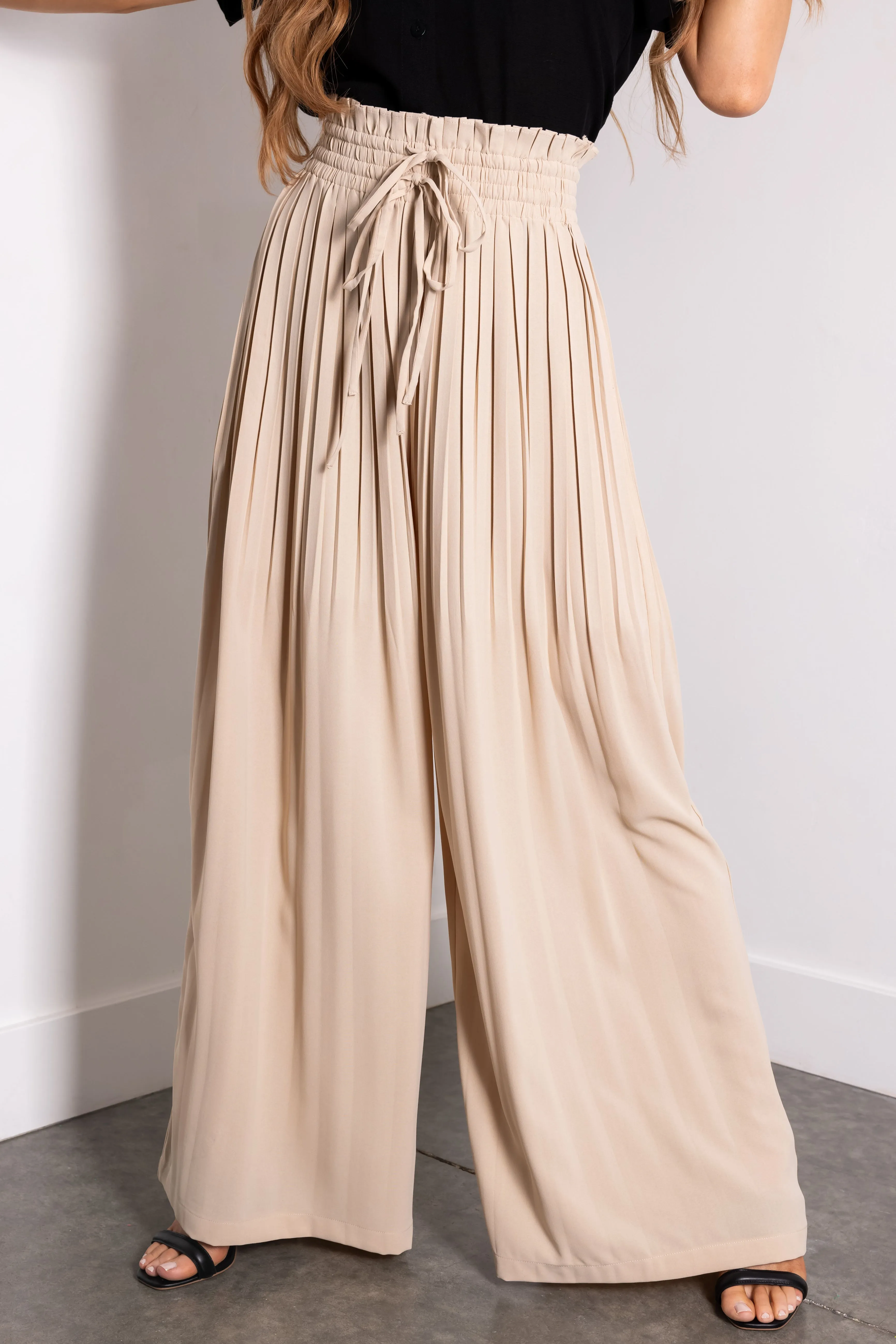 Flying Tomato Almond Pleated Wide Leg Woven Pants