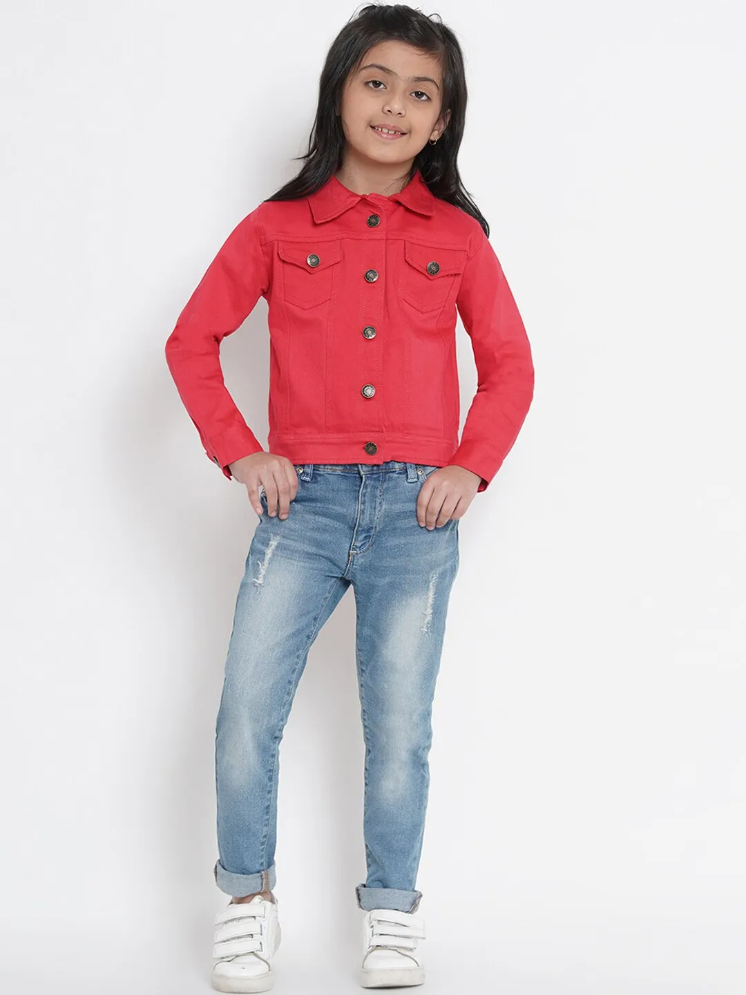 Girl's Coral Red Solid Jacket Top  - NOZ2TOZ KIDS