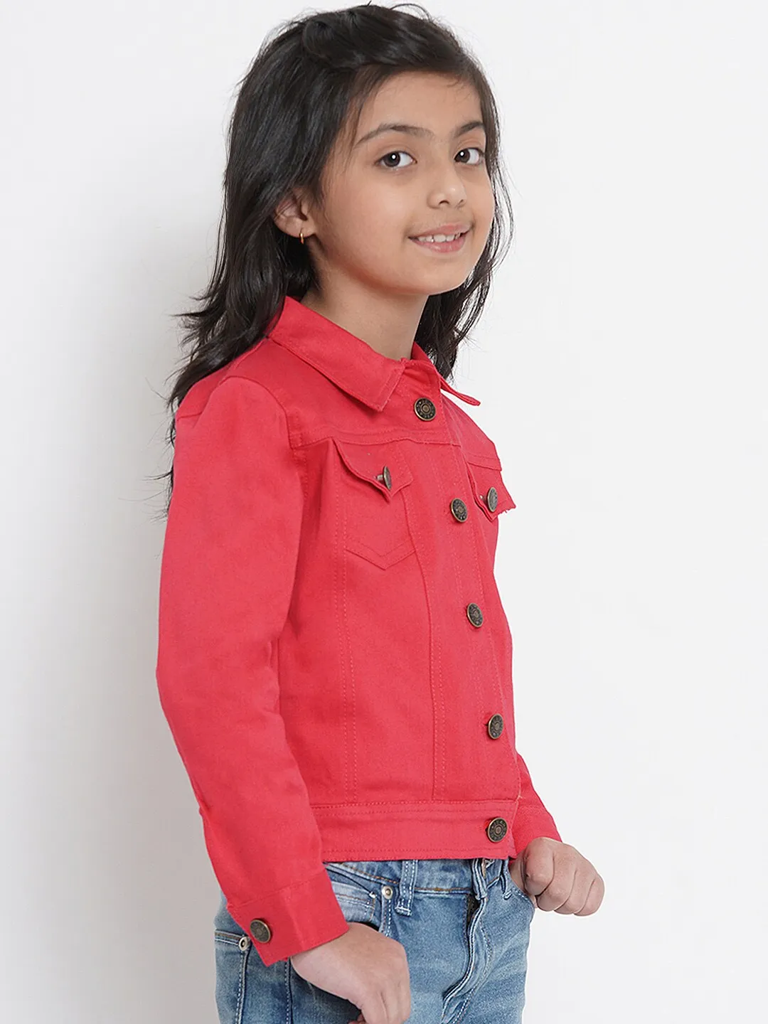 Girl's Coral Red Solid Jacket Top  - NOZ2TOZ KIDS