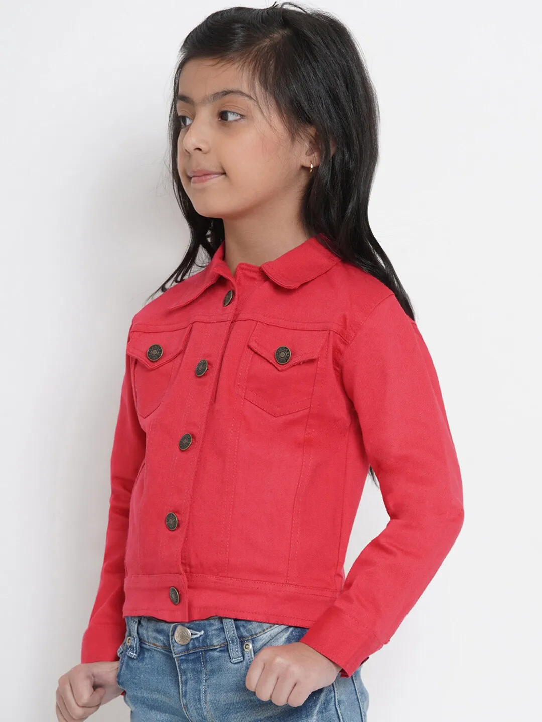 Girl's Coral Red Solid Jacket Top  - NOZ2TOZ KIDS