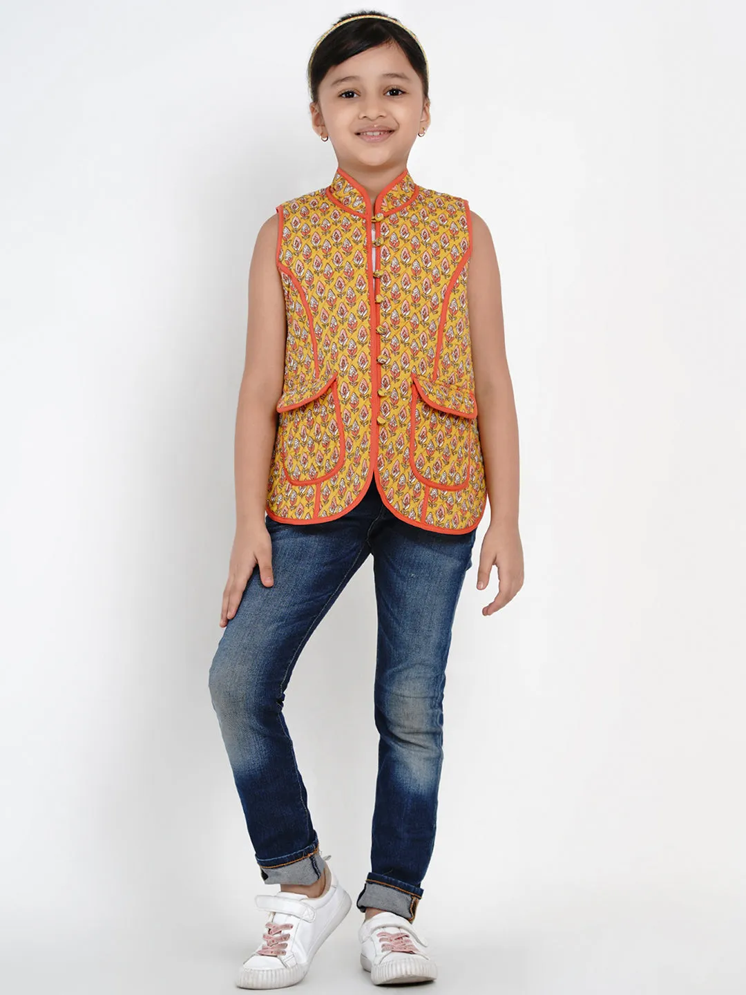 Girls Mustard Yellow Printed Tailored Jacket - Bitiya By Bhama