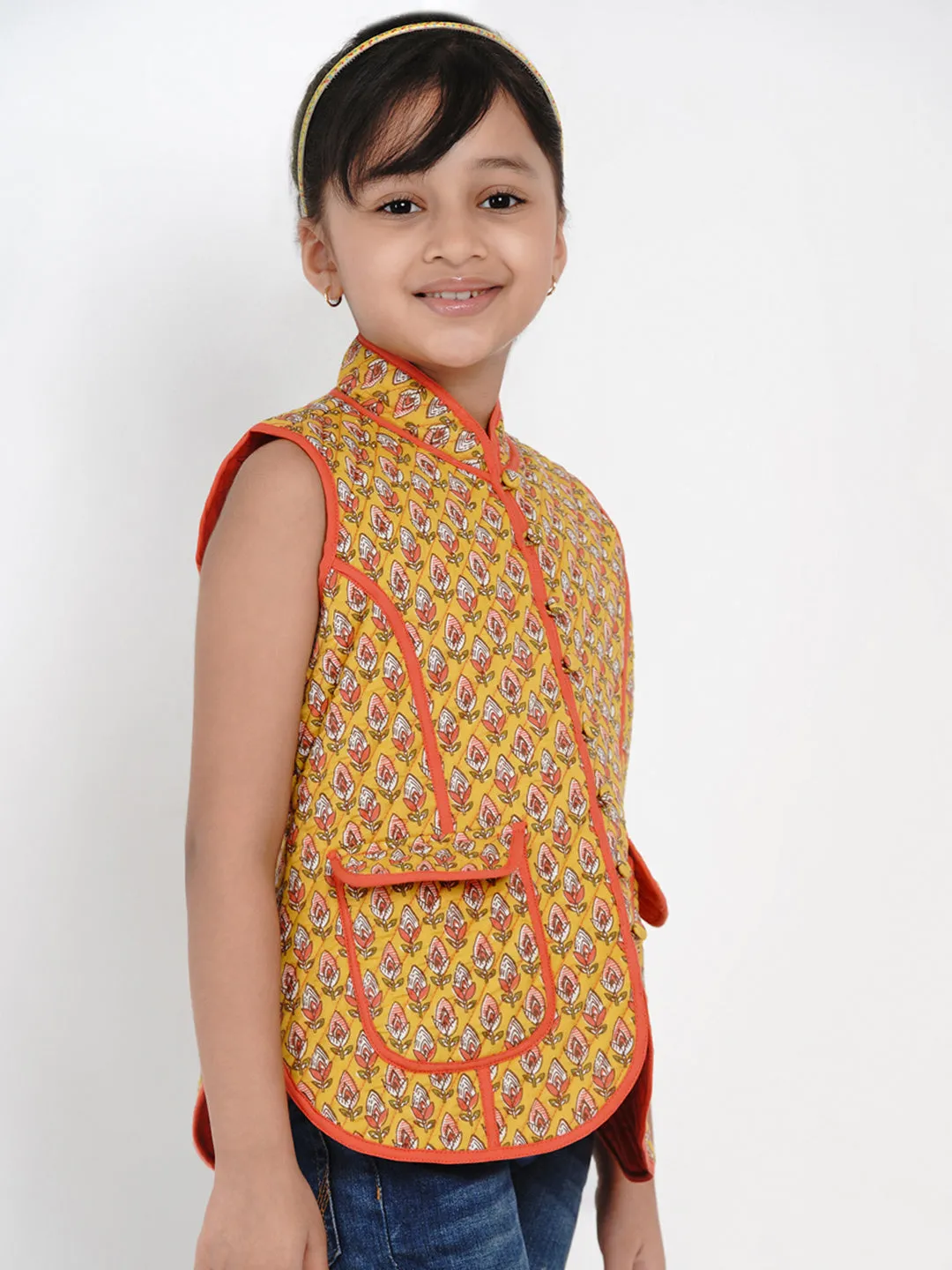 Girls Mustard Yellow Printed Tailored Jacket - Bitiya By Bhama