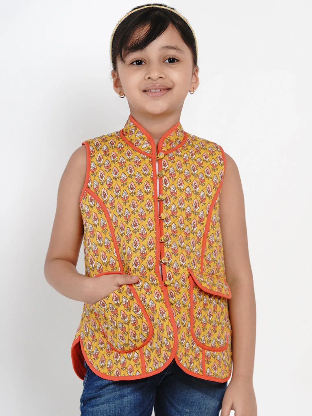 Girls Mustard Yellow Printed Tailored Jacket - Bitiya By Bhama