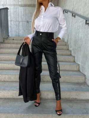 Glow Chic's Fashion Slim-fitting Leather Trousers With Pockets