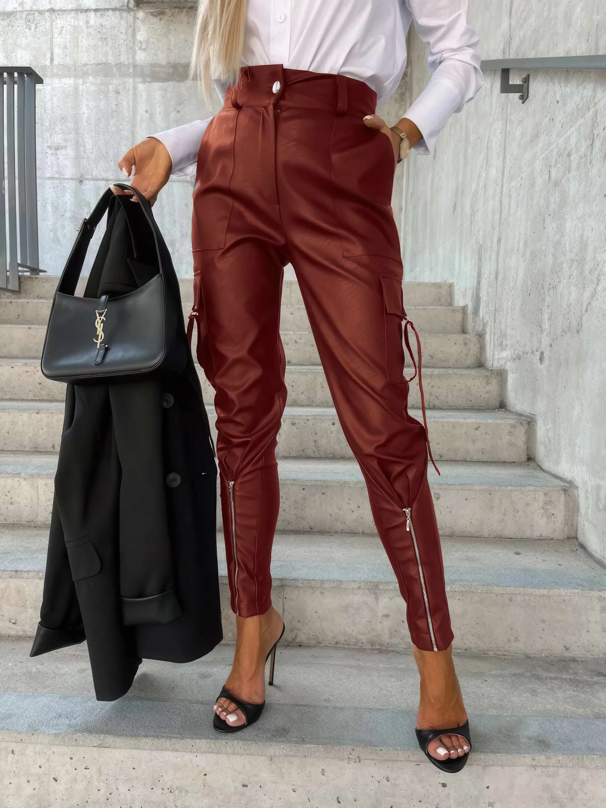 Glow Chic's Fashion Slim-fitting Leather Trousers With Pockets