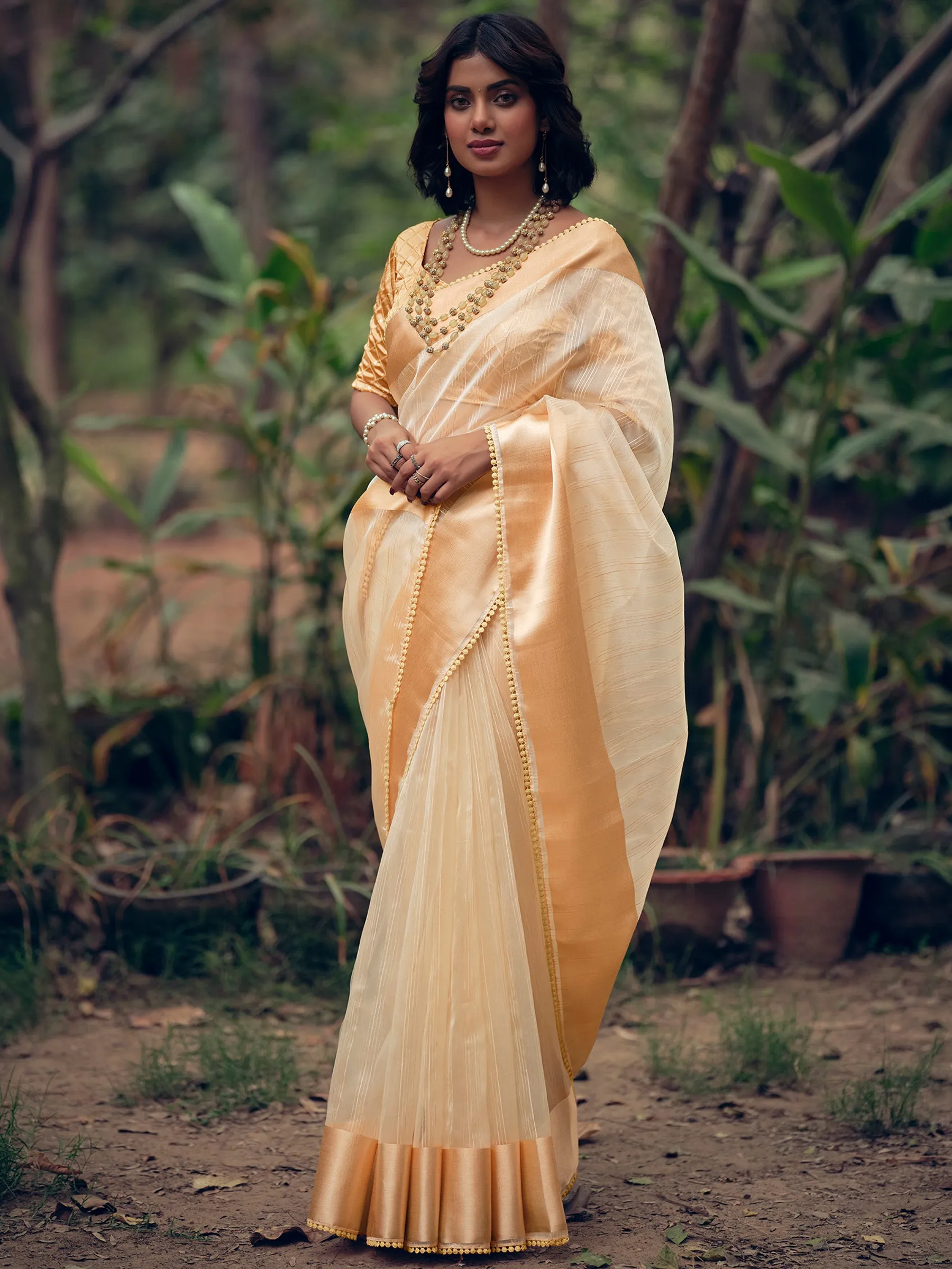 Gold Organza Woven Saree