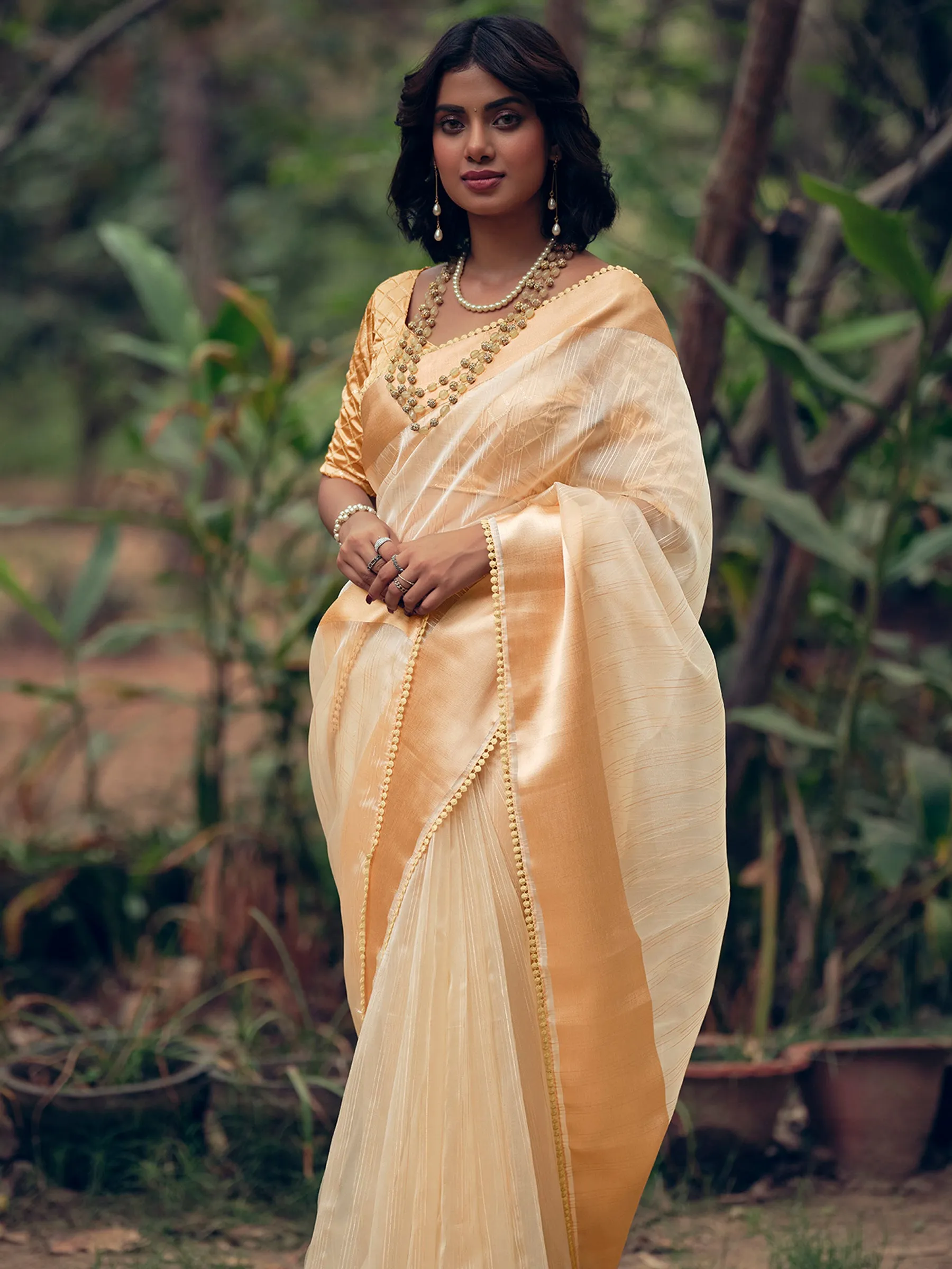 Gold Organza Woven Saree