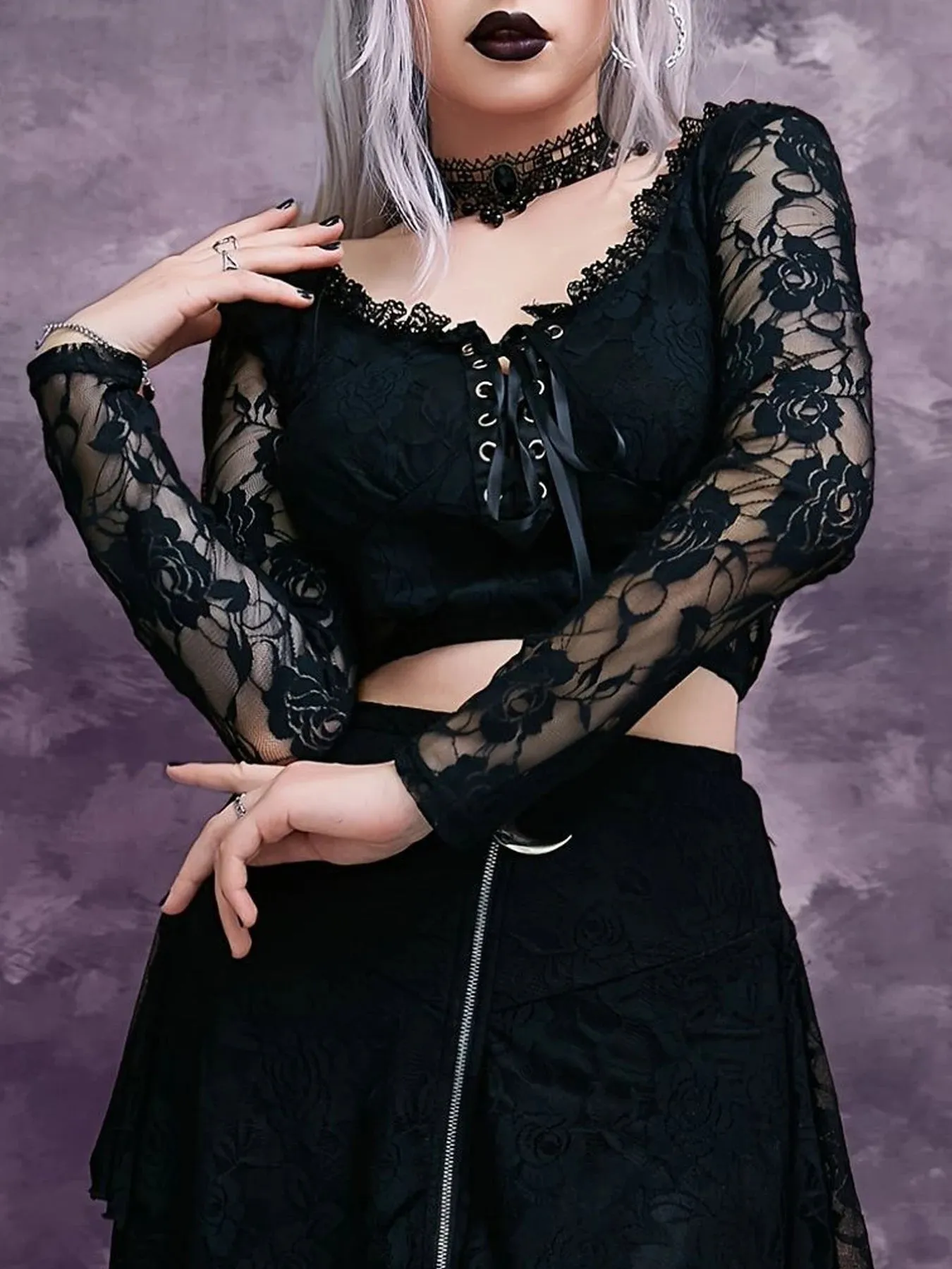 Gothic Dark Mesh Lace Punk Bandage Aesthetic V-neck Sexy Slim Crop Top