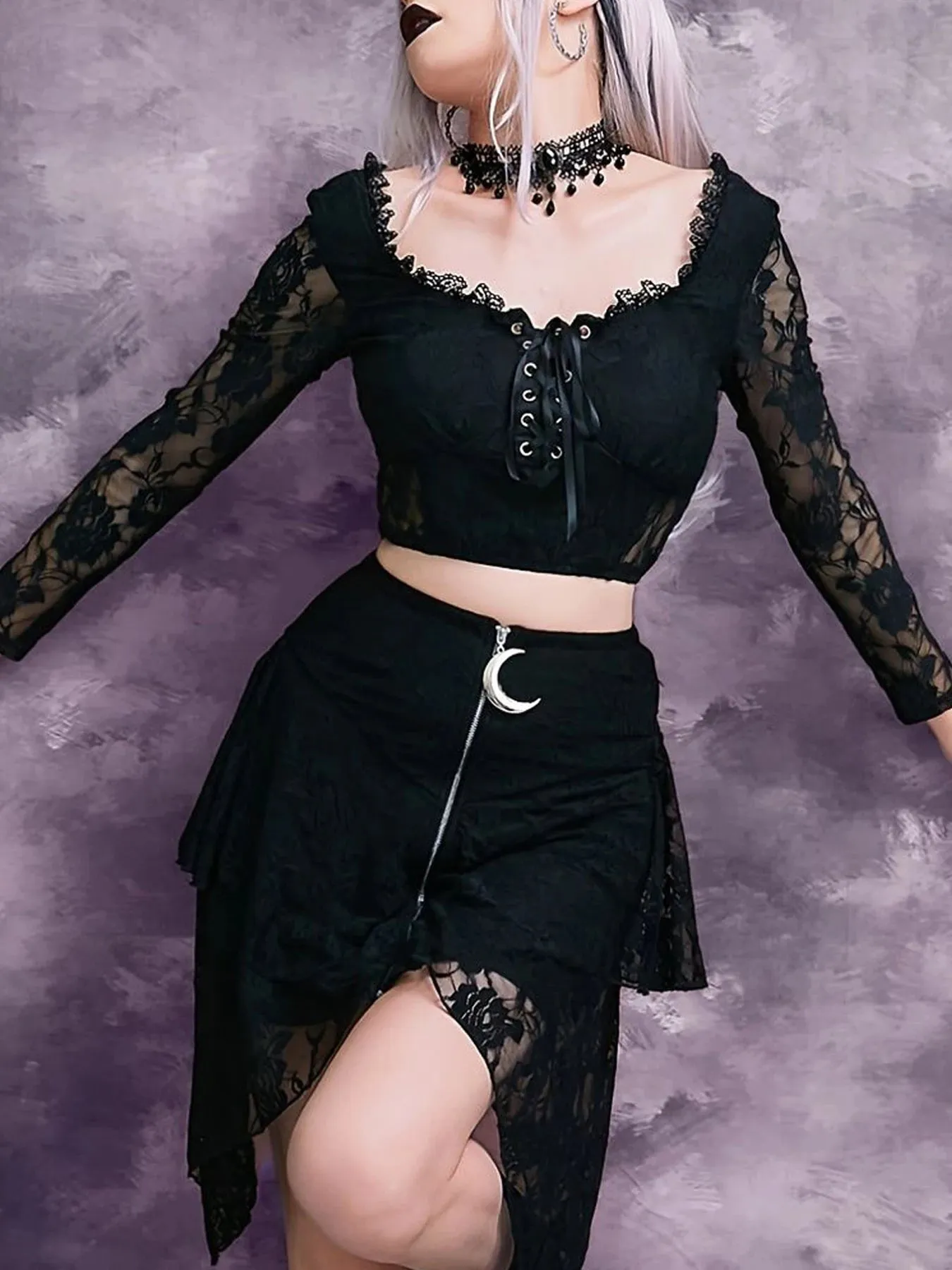 Gothic Dark Mesh Lace Punk Bandage Aesthetic V-neck Sexy Slim Crop Top